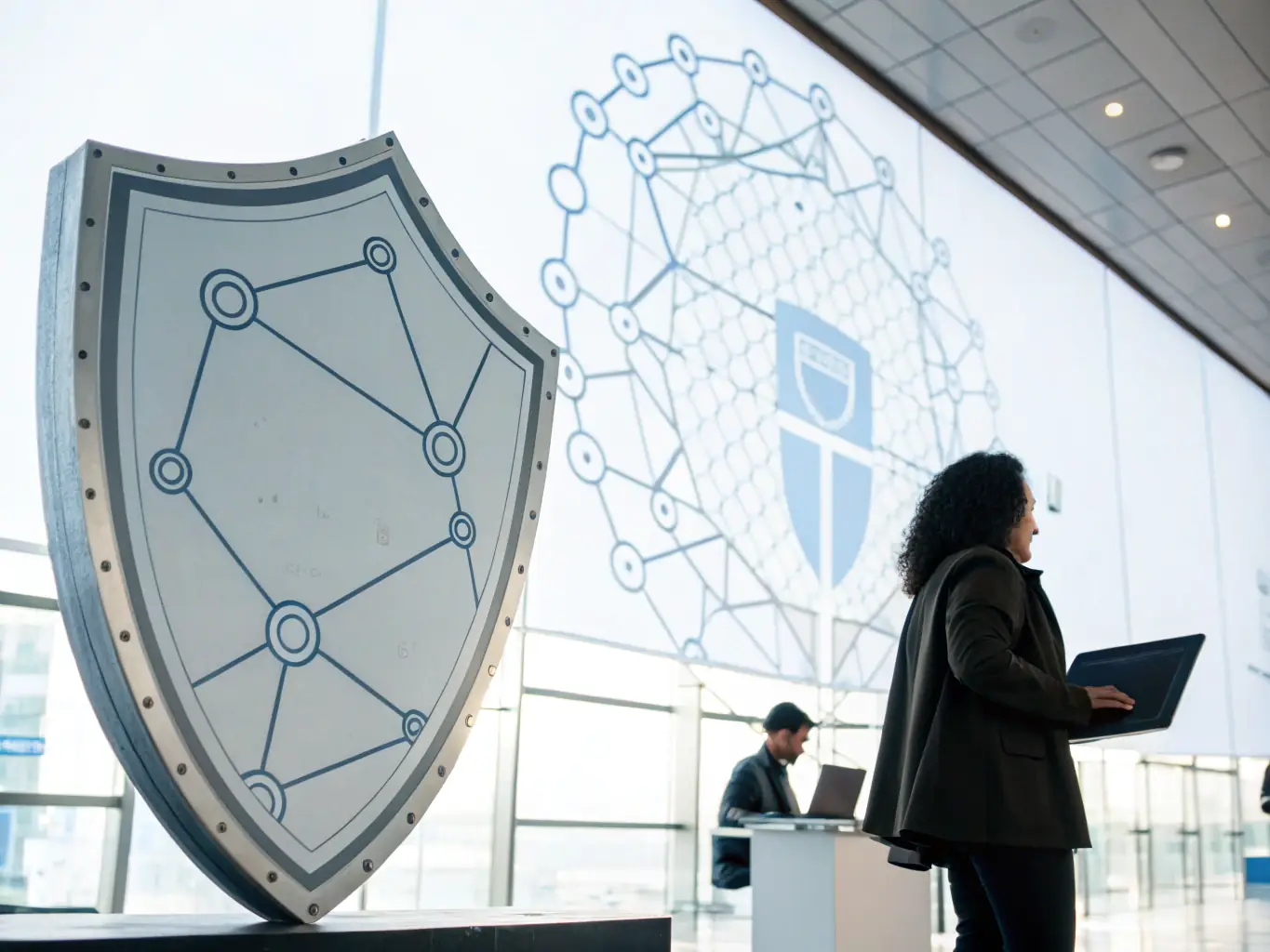 A digital shield icon overlaying a futuristic digital network background, symbolizing SamyLabs' cybersecurity audit services.